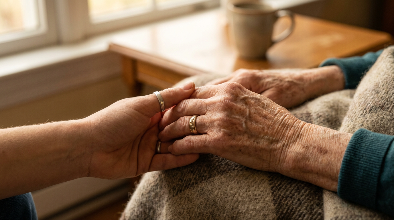 Two hands held gently, connection and care between generations