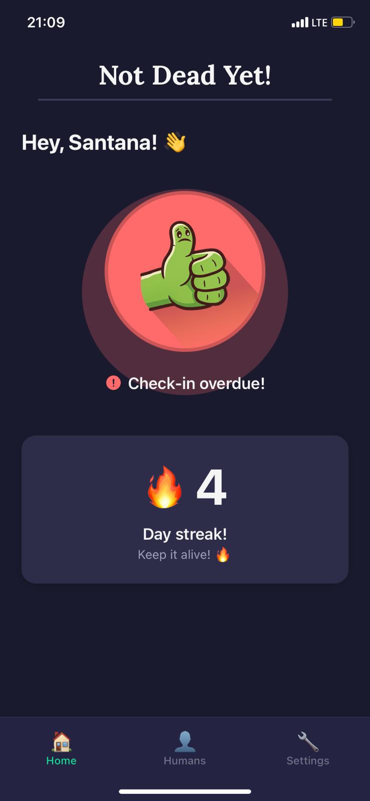 Overdue check-in screen, missed check-in notification view